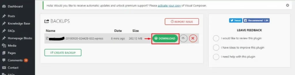 Hướng dẫn sao lưu và phục hồi dữ liệu Website WordPress 70 Giao diện sao lưu của All in one Migration